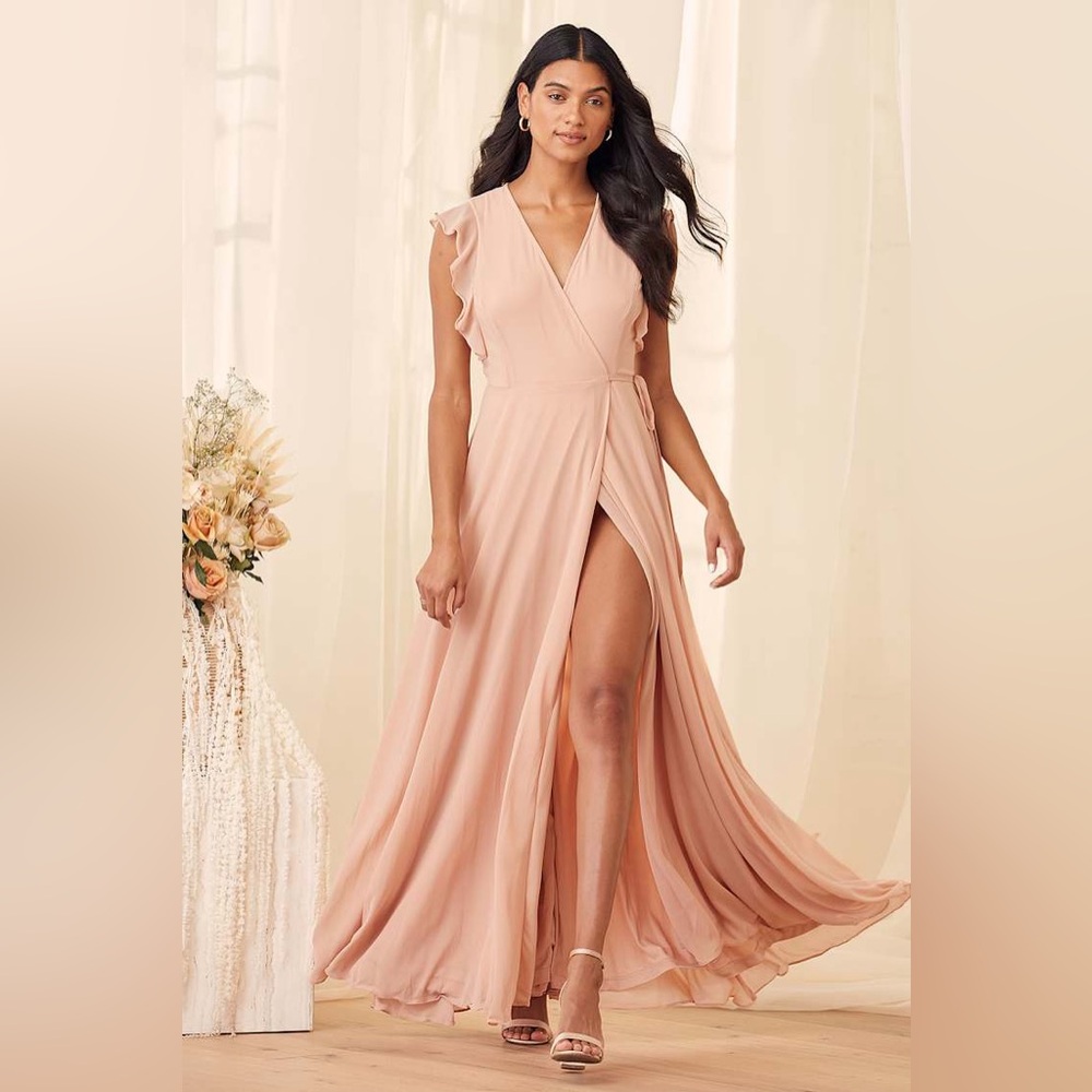 Lulus Crescendo Flowy Lightweight‎ Wrap Long Maxi Dress, Beigy Pink, Size S